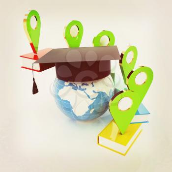 Books around the Earth and pointer. Education and navigation concept. 3d render. Vintage style