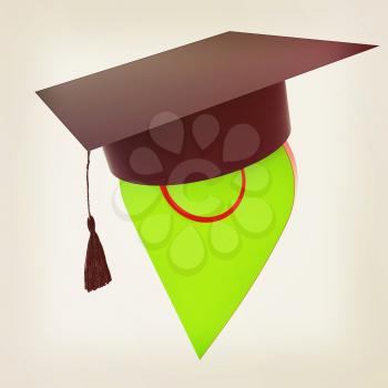Geo pin with graduation hat on white. School sign, geolocation and navigation. 3d illustration. Vintage style