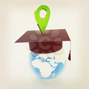 Geo pin with graduation hat on white. School sign, geolocation and navigation. 3d illustration. Vintage style