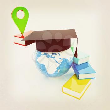 Books around the Earth and pointer. Education and navigation concept. 3d render. Vintage style