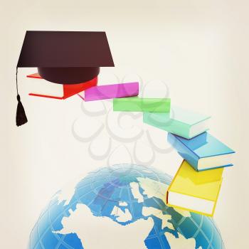 Earth of education with books around and graduation hat. Global Education. 3d illustration. Vintage style