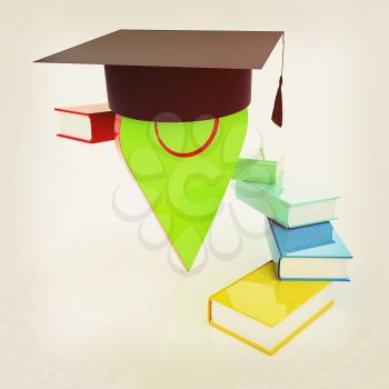 Pointer of education in graduation hat with books around. 3d illustration. Vintage style