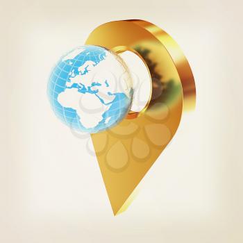 Planet Earth and golden map pins icon on Earth. 3d illustration.. Vintage style