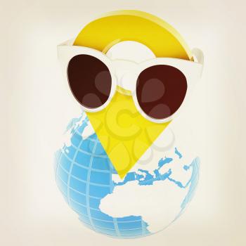 Glamour map pointer in sunglasses on Earth. 3d illustration. Vintage style