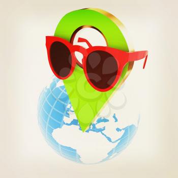 Glamour map pointer in sunglasses on Earth. 3d illustration. Vintage style