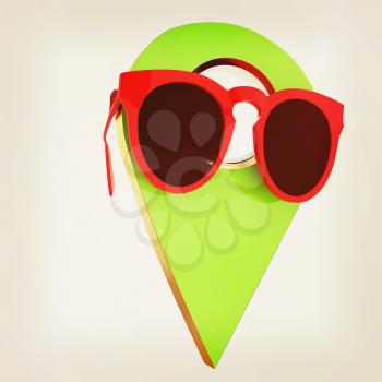 Glamour map pointer in sunglasses. 3d illustration. Vintage style