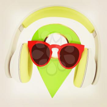 Glamour map pointer in sunglasses and headphones. 3d illustration. Vintage style
