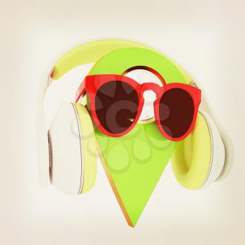 Glamour map pointer in sunglasses and headphones. 3d illustration. Vintage style