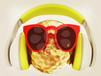 Gold Golf Ball With Sunglasses and headphones. 3d illustration. Vintage style