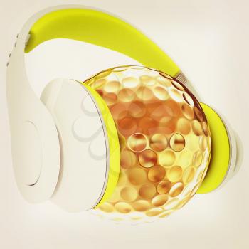 Gold Golf Ball With headphones. 3d illustration. Vintage style