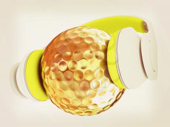 Gold Golf Ball With headphones. 3d illustration. Vintage style