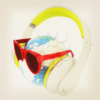 Earth planet with earphones and sunglasses. 3d illustration. Vintage style