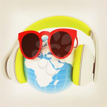 Earth planet with earphones and sunglasses. 3d illustration. Vintage style