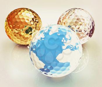 Global golf winner concept with golf balls. 3d illustration. Vintage style