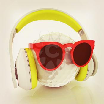 Golf Ball With Sunglasses and headphones. 3d illustration. Vintage style