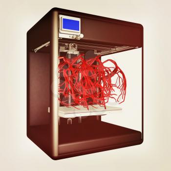 Medical 3d printer for duplication of veins. 3D Bio-printer. 3d illustration. Vintage style