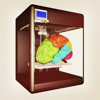 Medical 3d printer for duplication of human brain. 3D Bio-printer. 3d illustration. Vintage style