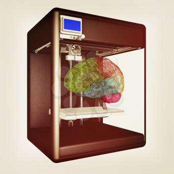 Medical 3d printer for duplication of human brain. 3D Bio-printer. 3d illustration. Vintage style