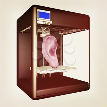 Medical 3d printer for duplication of human ear. 3D Bio-printer. 3d illustration. Vintage style