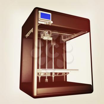 3d printer. Modern technologies. Creating products of the innovative materials. 3d illustration. Vintage style