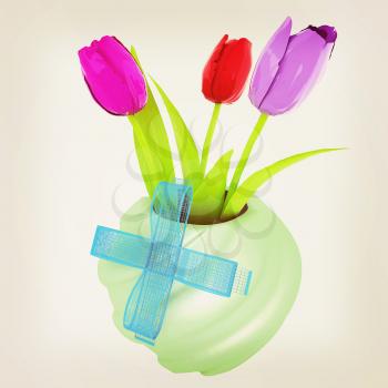 Fresh spring tulips in a vase vith ribbon. 3d illustration. Vintage style