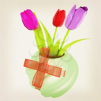 Fresh spring tulips in a vase vith ribbon. 3d illustration. Vintage style