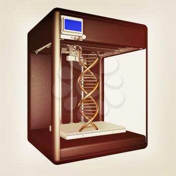 3d printer during work on the new DNA molecule. 3d illustration. Vintage style