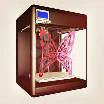 3d printer during work on the new butterfly design. 3d illustration. Vintage style
