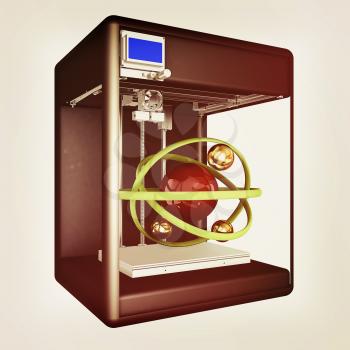 3d printer during work on the atom. Scientific high technology concept of the future. 3d illustration. Vintage style