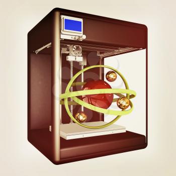 3d printer during work on the atom. Scientific high technology concept of the future. 3d illustration. Vintage style
