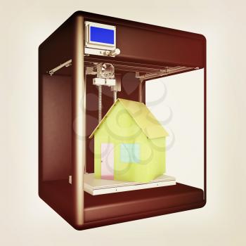 Industrial 3D printer prints a house concept. 3d illustration. Vintage style