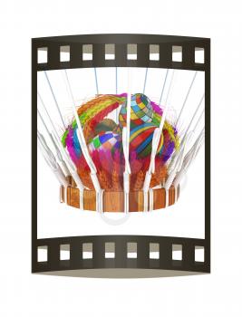 Hot Air Balloon with a basket of multicolored wheat and Easter eggs inside. 3d render