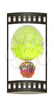 Hot Air Balloon with a basket of multicolored wheat and Easter eggs inside. 3d render