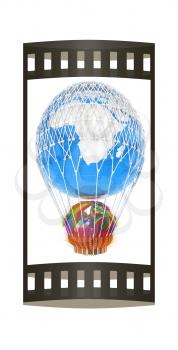 Hot Air Balloon of Earth with a basket of multicolored wheat and Easter eggs inside. 3d render