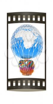 Hot Air Balloon of Earth with a basket of multicolored wheat and Easter eggs inside. 3d render