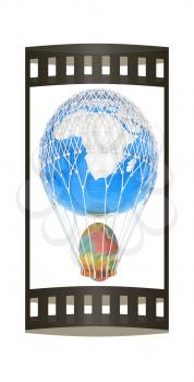 Hot Air Balloon of Earth with  Easter egg.  Global Easter concept. 3d render