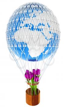 Hot Air Balloon of Earth and tulips in a basket. 3d render