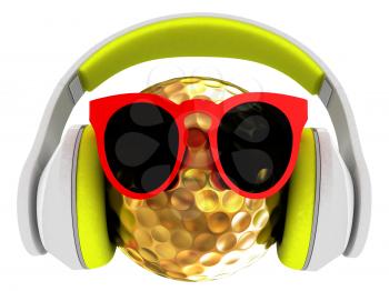 Gold Golf Ball With Sunglasses and headphones. 3d illustration