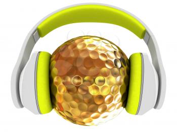 Gold Golf Ball With headphones. 3d illustration