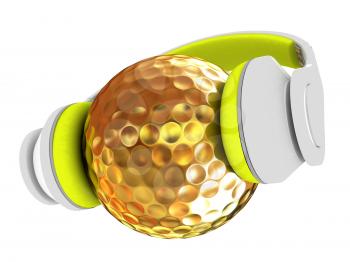 Gold Golf Ball With headphones. 3d illustration