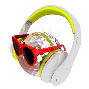 Metal Golf Ball With Sunglasses and headphones. 3d illustration