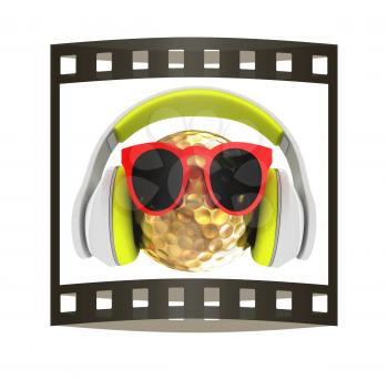 Gold Golf Ball With Sunglasses and headphones. 3d illustration. The film strip.