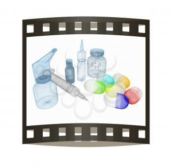 Syringe, tablet, pill jar. 3D illustration. The film strip.