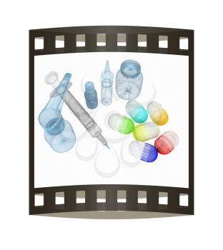 Syringe, tablet, pill jar. 3D illustration. The film strip.