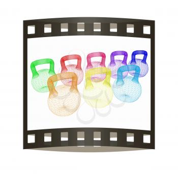 A set of sports items - weights. 3d illustration. The film strip.