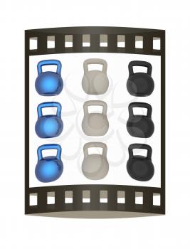 A set of sports items - weights. 3d illustration. The film strip.
