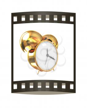 Old style of Gold Shiny alarm clock. 3d illustration. The film strip.