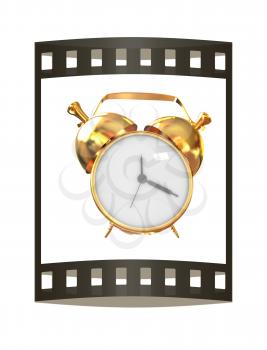 Old style of Gold Shiny alarm clock. 3d illustration. The film strip.