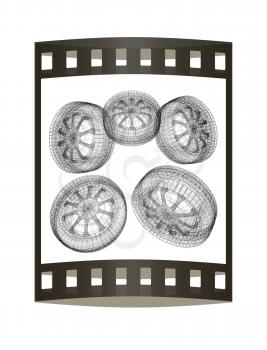 computer drawing of car wheel. Top view. 3d illustration. The film strip.