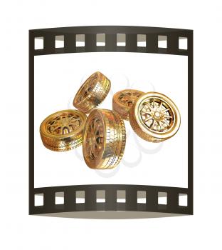 Golden wheels Set isolated on white. Top view. 3d illustration. The film strip.